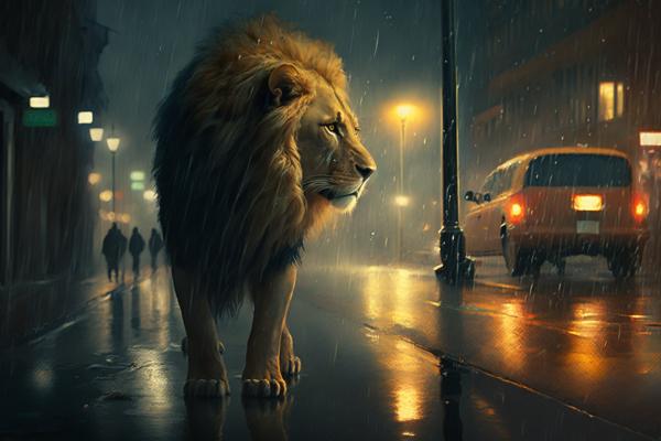Tableau Lion Nuit Pluvieuse