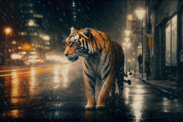 Tableau Tigre Nuit Pluvieuse
