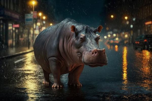 Tableau Hippopotame Nuit Pluvieuse