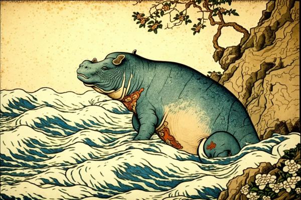 Tableau Hippopotame Ukiyo-e
