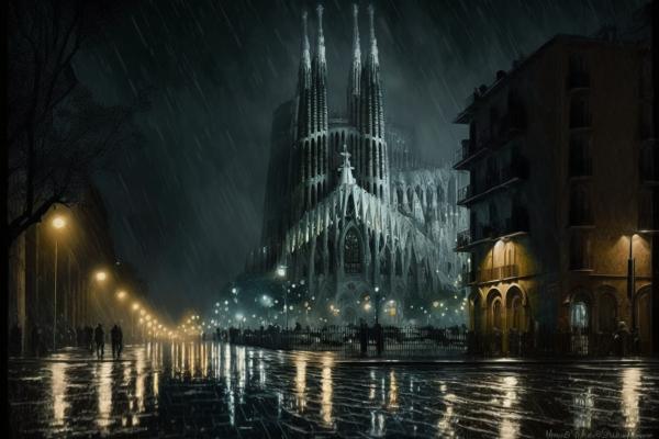 Tableau Sagrada Familia Nuit Pluvieuse