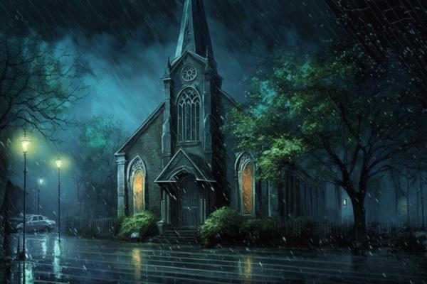 Tableau église Nuit Pluvieuse